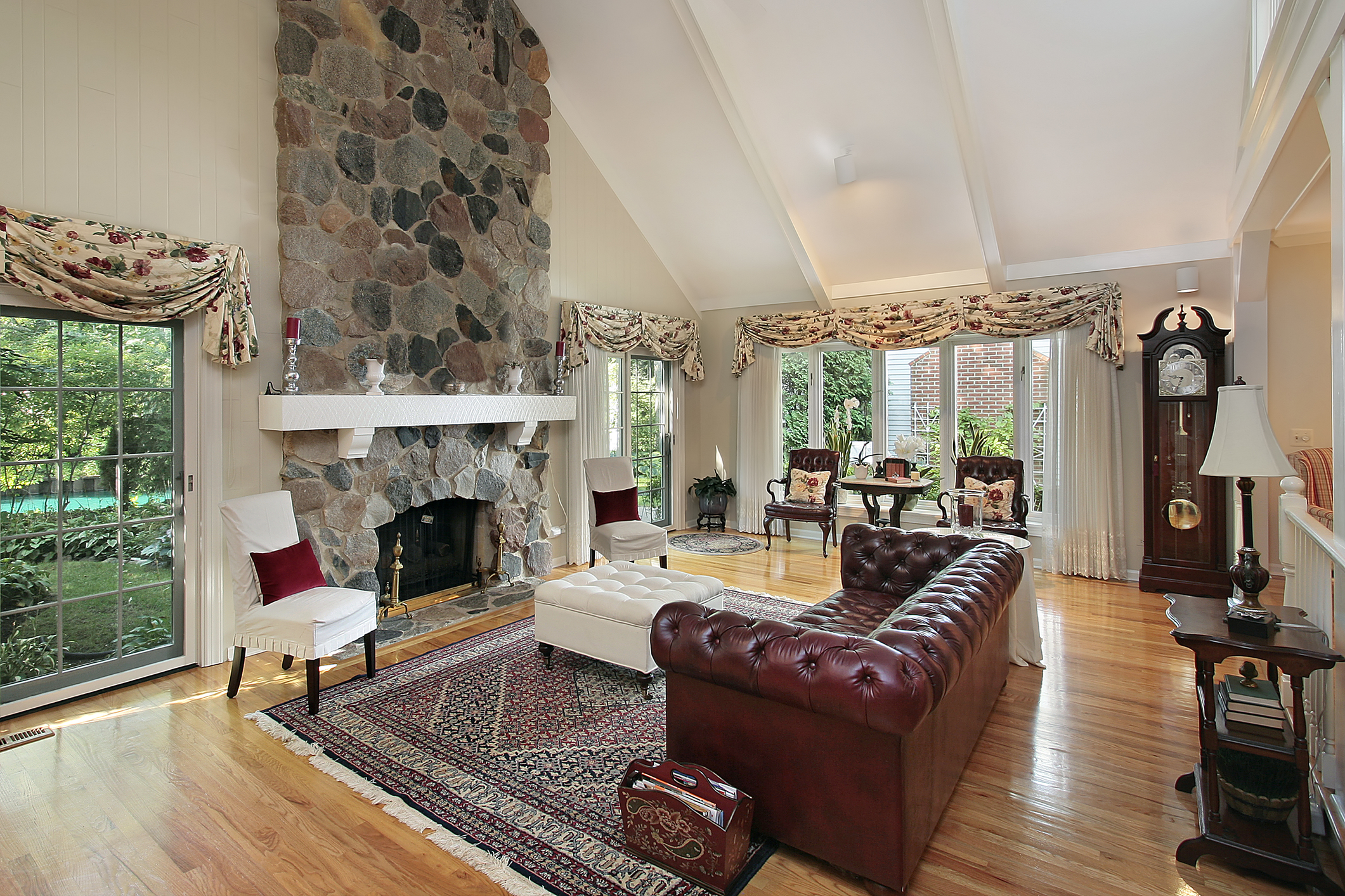 Living room with stone fireplace