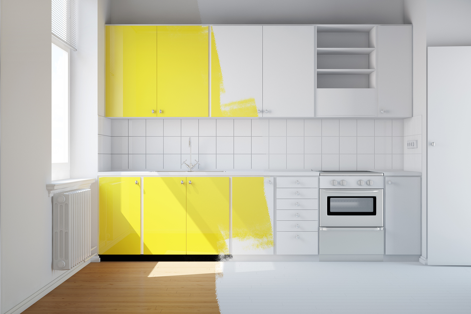 Renovation of a small kitchen from white to yellow