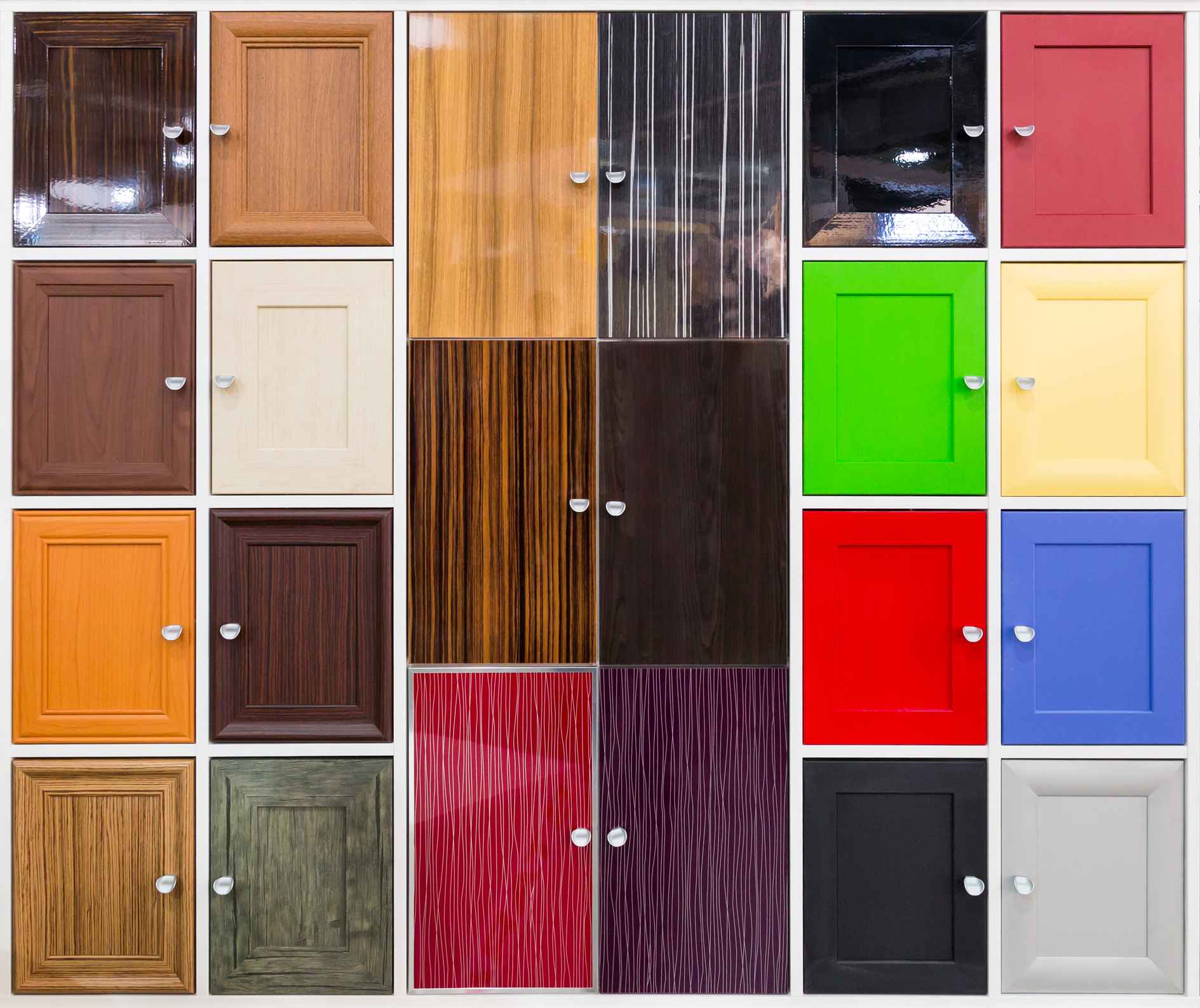 Detail of colorful cabinet doors with nice handles