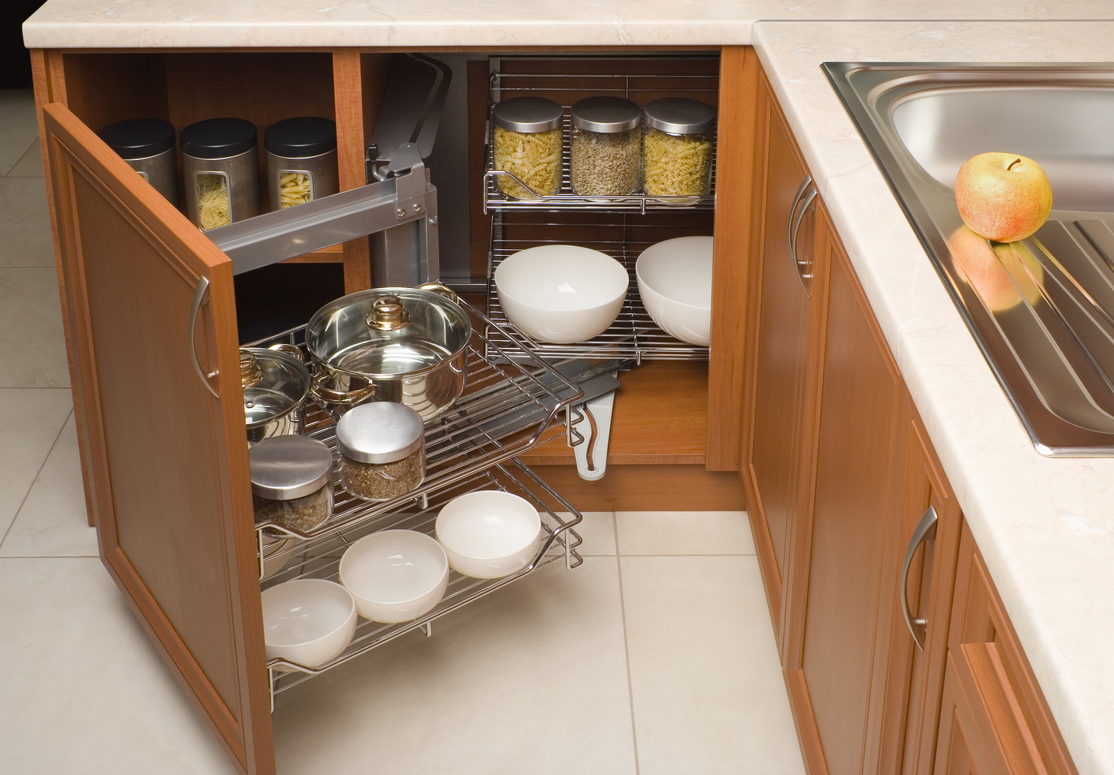 Detail of open kitchen cabinet