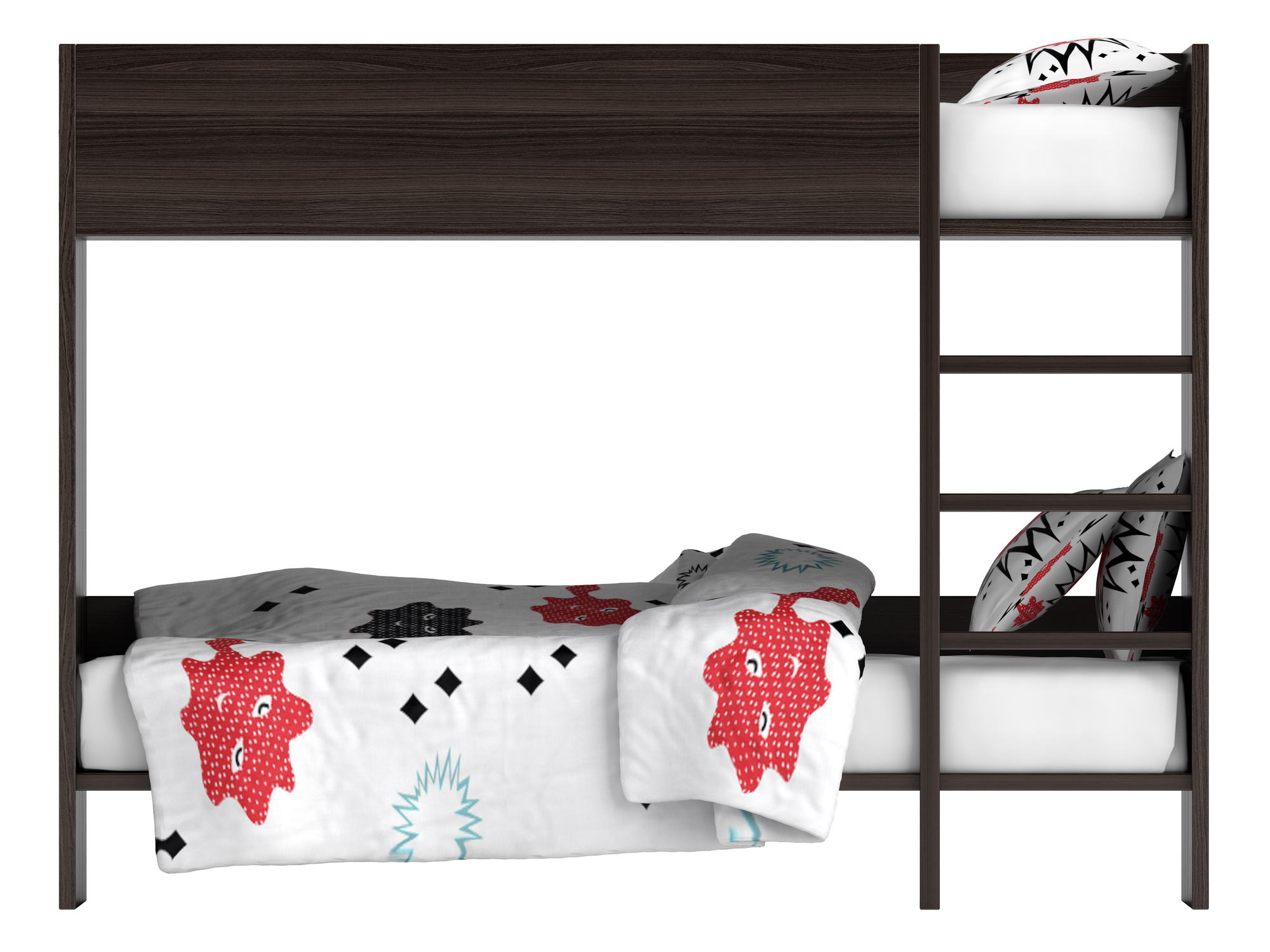 Modern black double bunk bed with colourful bedding with geometric patterns