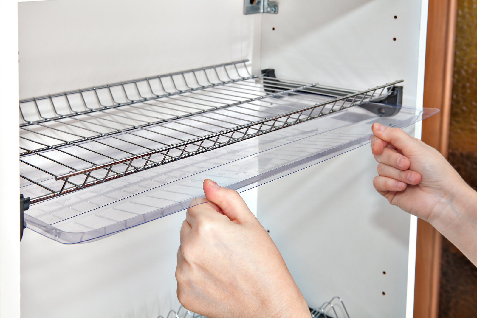 Installing shelf under kitchen cupboard with inside wire plate rack